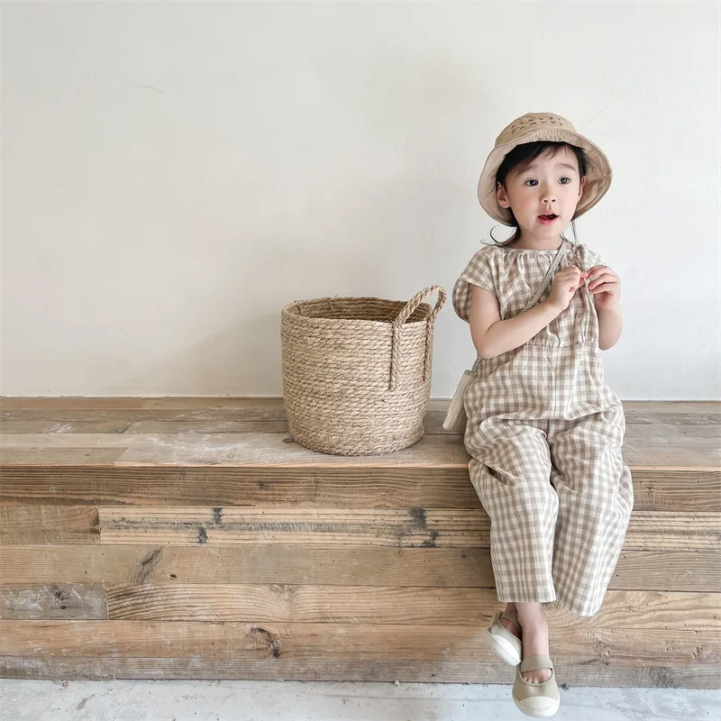 Baby Summer Linen Sleeveless Jumpsuit - 아기 소녀 격자 무늬 작업복 어린이