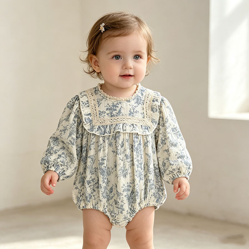 Newborn Baby Girl Romper Floral - 아기 소녀용 플로럴 롬퍼, 긴 퍼프
