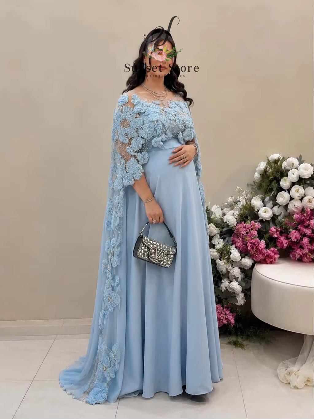 맞춤형 스파게티 스트랩 이브닝 드레스와 케이프 블루 A - Maternity Wear 리뷰 및 가격
